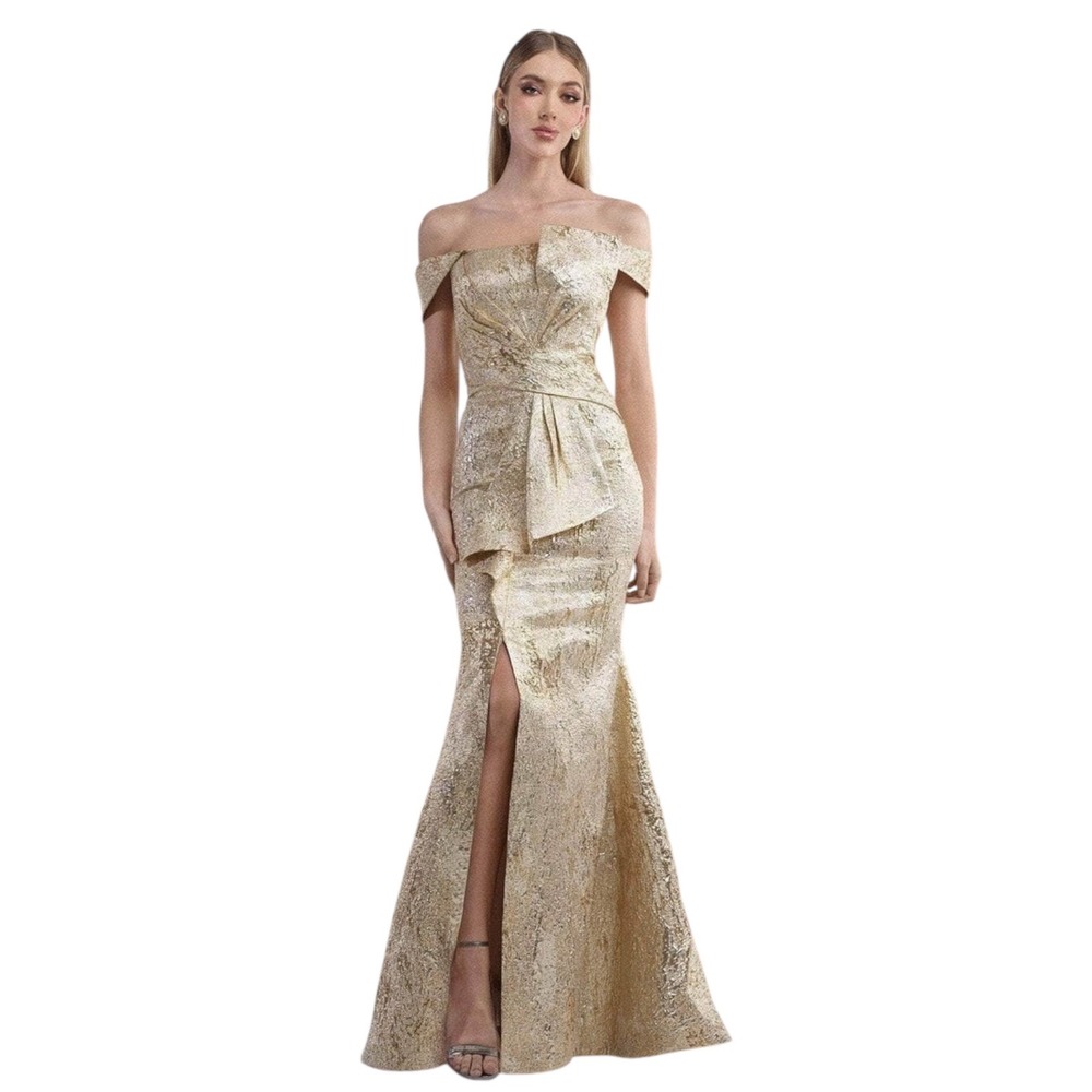 NWT Janique Kourosh Babaian Metallic Brocade Mermaid Gown 4 Gold Metallic W982